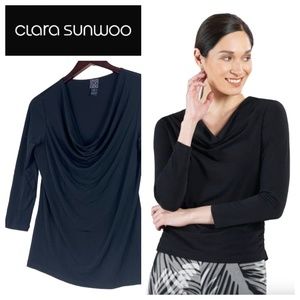 Clara Sun Woo Medium 8 10 Shirt Top Black Cowl Scoop Neck Silky CHIC